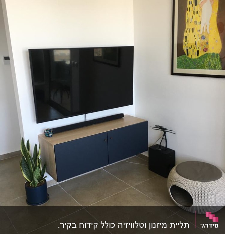 טלוויזיה תלויה על הקיר מעל ארונית עץ